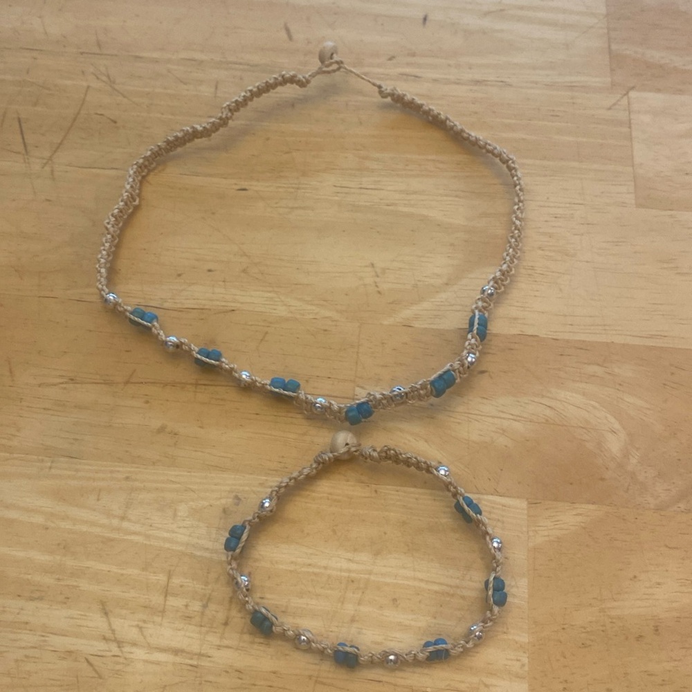 Blue and silver beaded hemp cord necklace and bracelet set. Summer vibes.